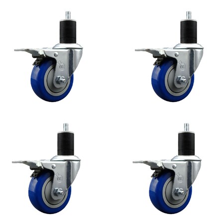 Service Caster 3.5'' Blue Poly Swivel 1-3/4'' Expanding Stem Caster Set Total Lock Brake, 4PK SCC-EXTTL20S3514-PPUB-BLUE-134-4